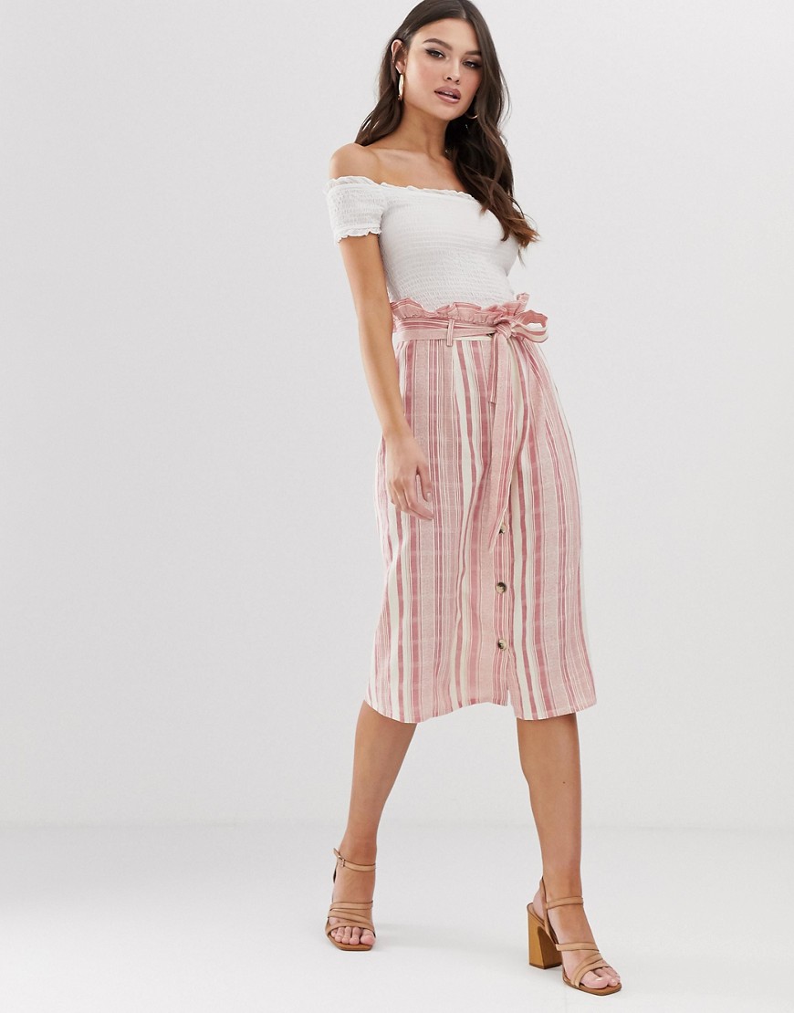 Boohoo exclusive paper bag waist midi skirt in pink stripe