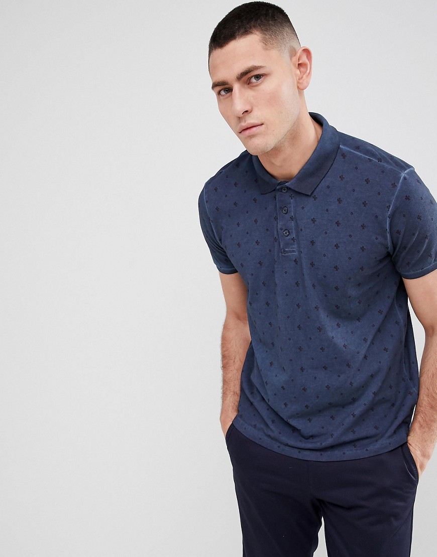 Brave Soul All Over Cactus Print Polo Shirt - Navy