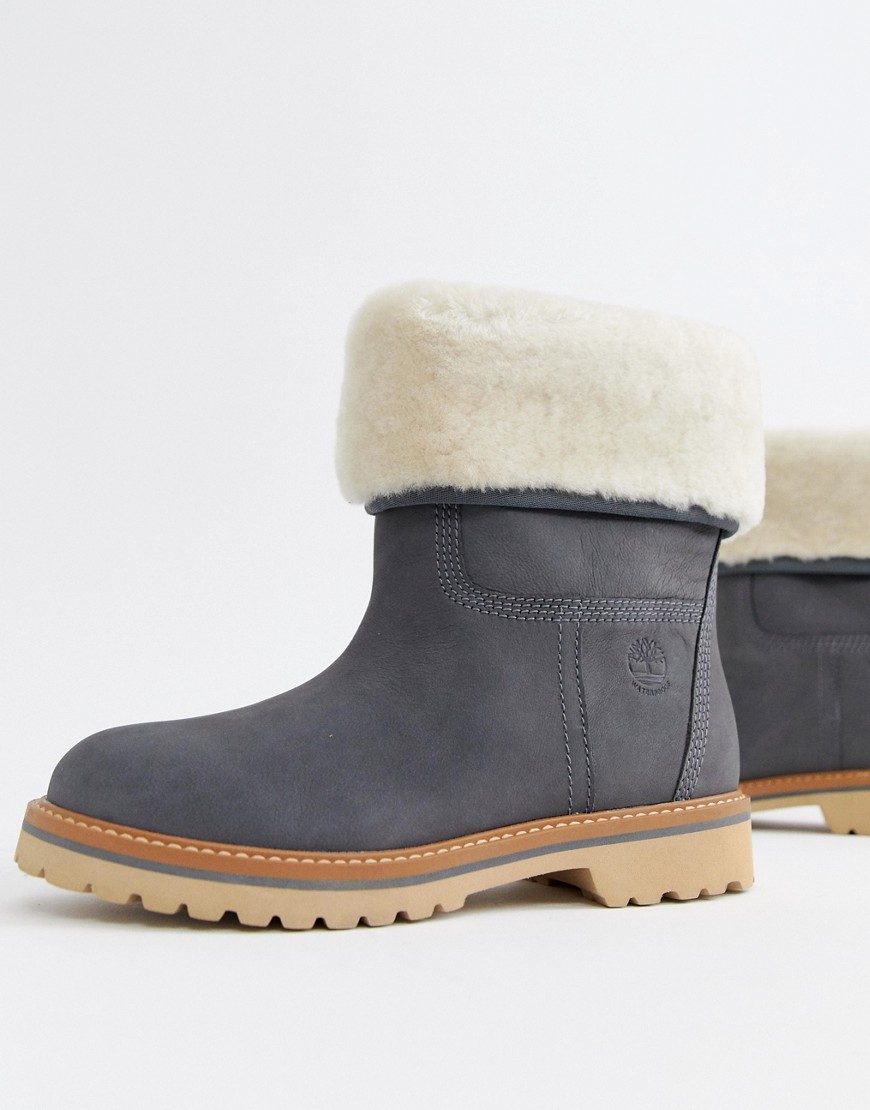 Timberland Charmonix Gargoyle Grey Leather Pull On Ankle Boots With Shearling Fold Down