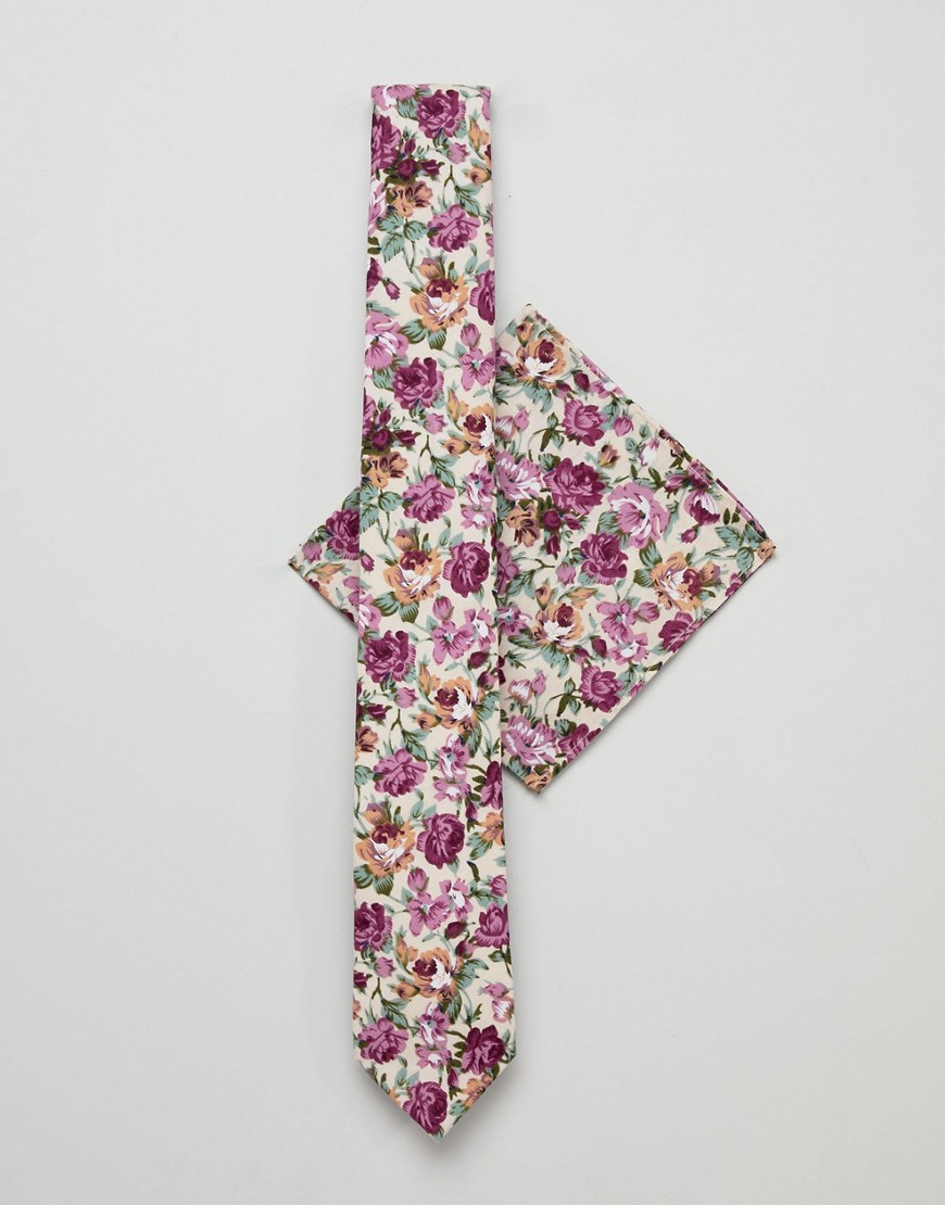 Галстук и платок для нагрудного кармана розового цвета с цветочным при Burton Menswear 