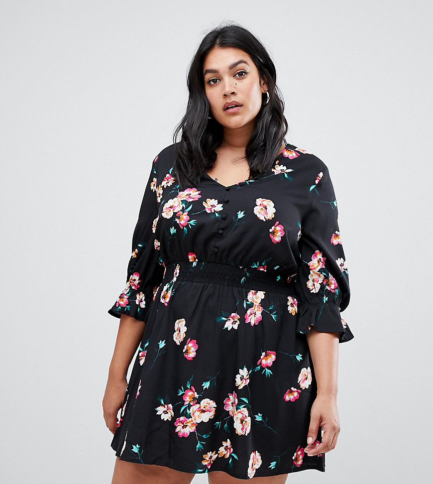 Influence Plus v neck floral tea dress with gathered sleeve