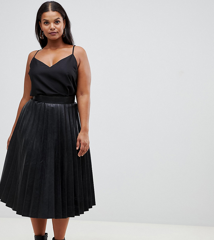 Outrageous Fortune Plus pleated pu midi skirt in black