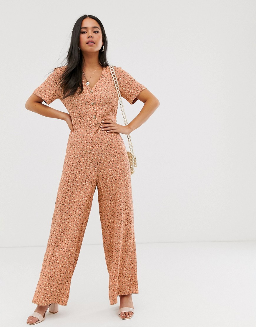 New Look button through jumpsuit in orange ditsy print