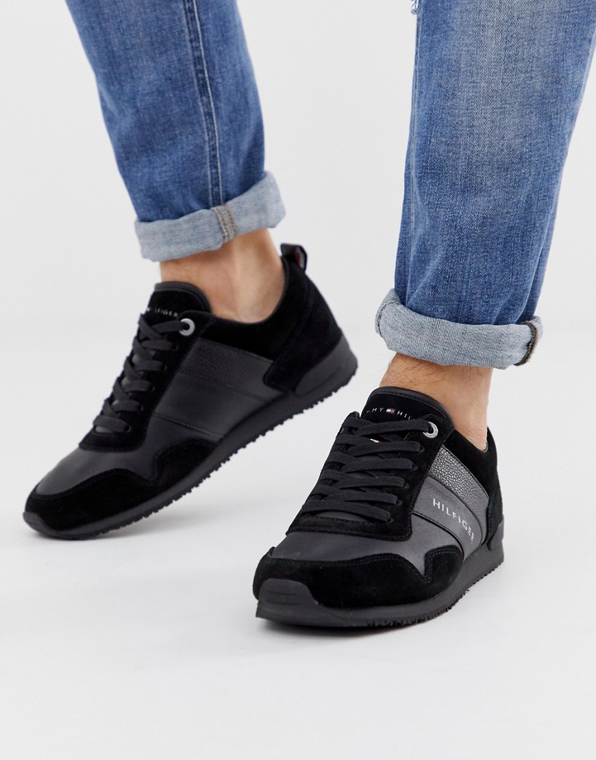Tommy Hilfiger iconic leather suede mix runner trainer in black