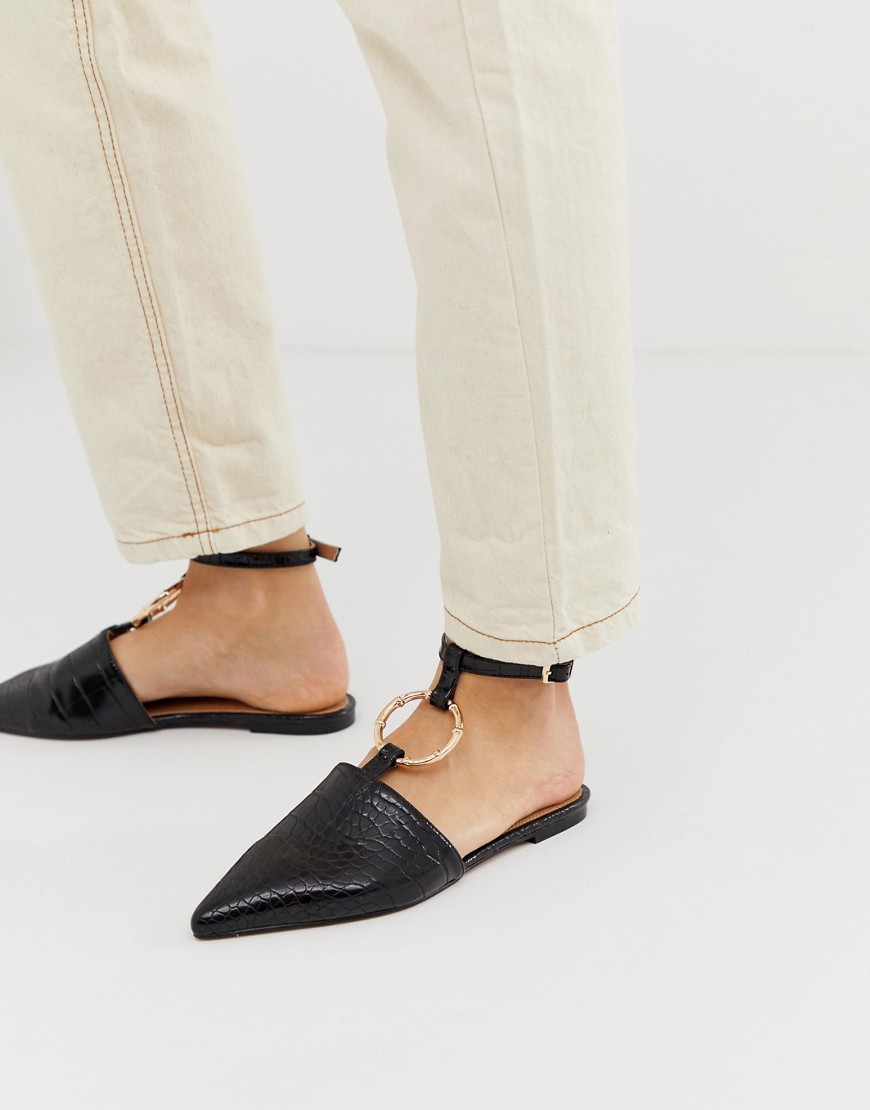 Asos Design Likeable Ballet Flats With Bamboo Ring In Black Croc