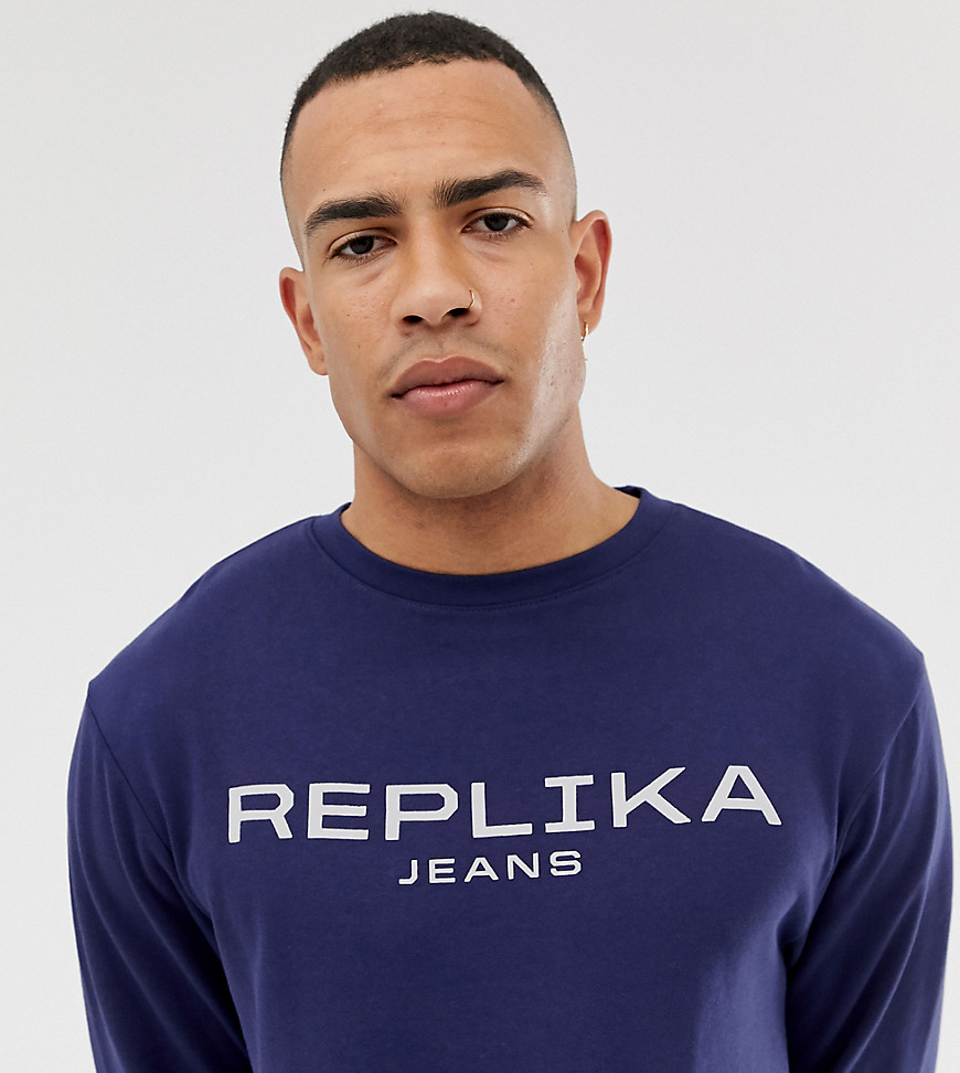 Replika Tall crew neck jumper in blue with logo