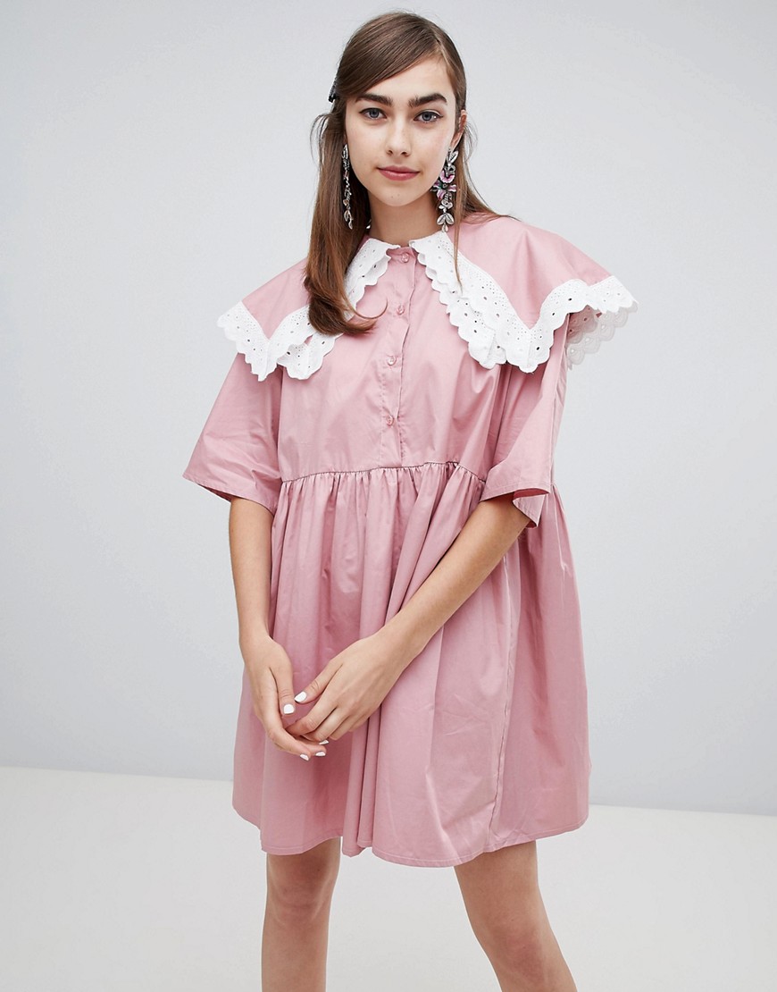 Sister Jane smock dress with double layer bib and contrast lace trim - Dusty pink
