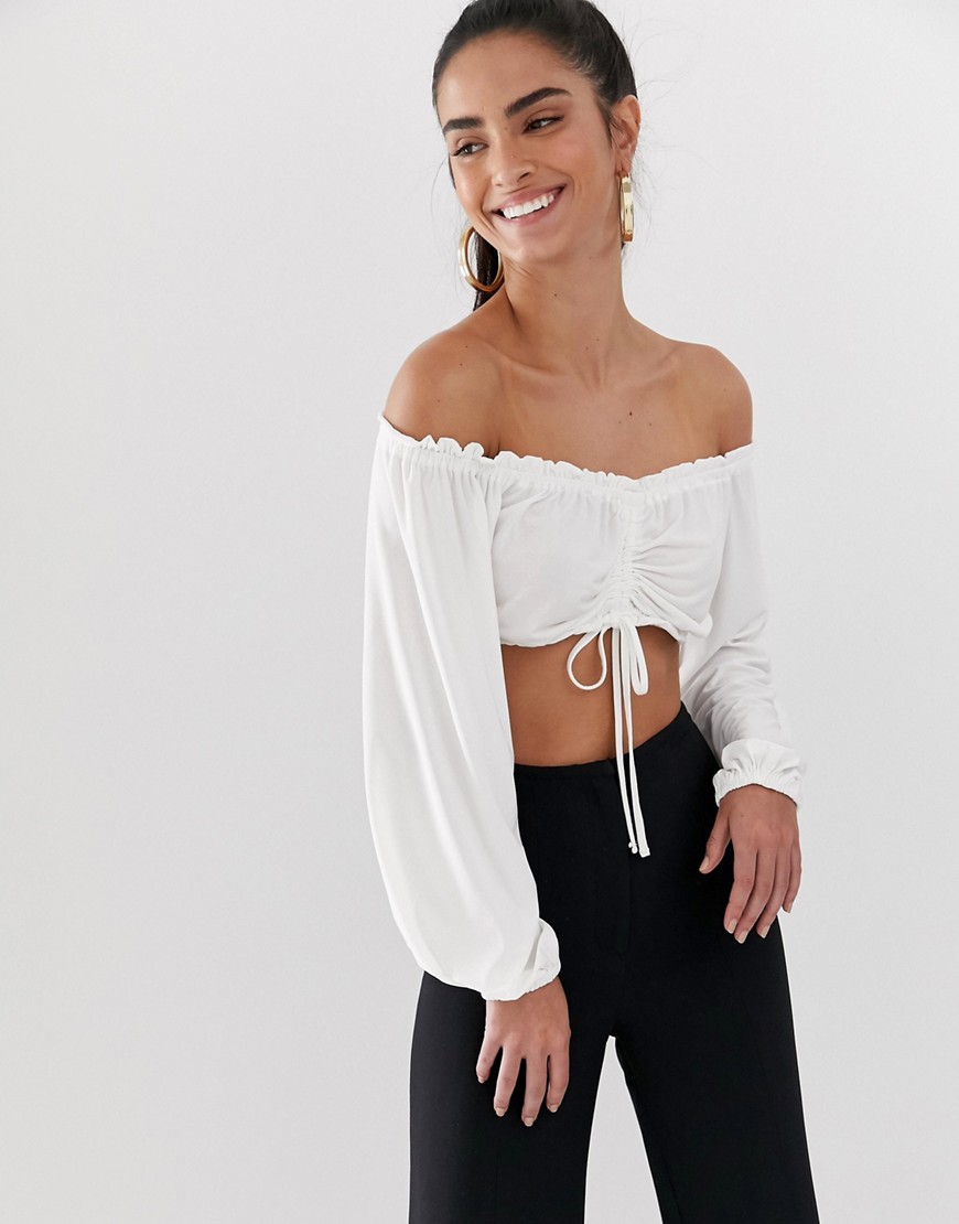 Flounce London bardot crop top with ruched detail in white