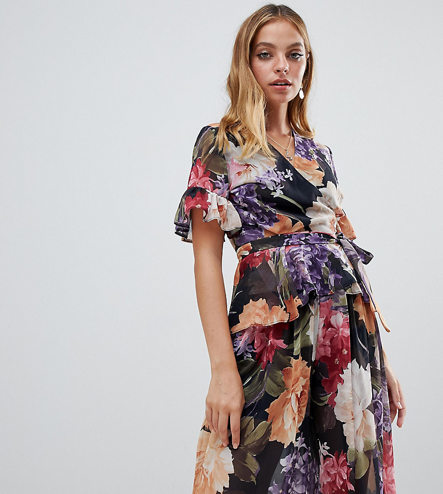 John Zack Petite tie waist wrap top Co-ord in soft floral print