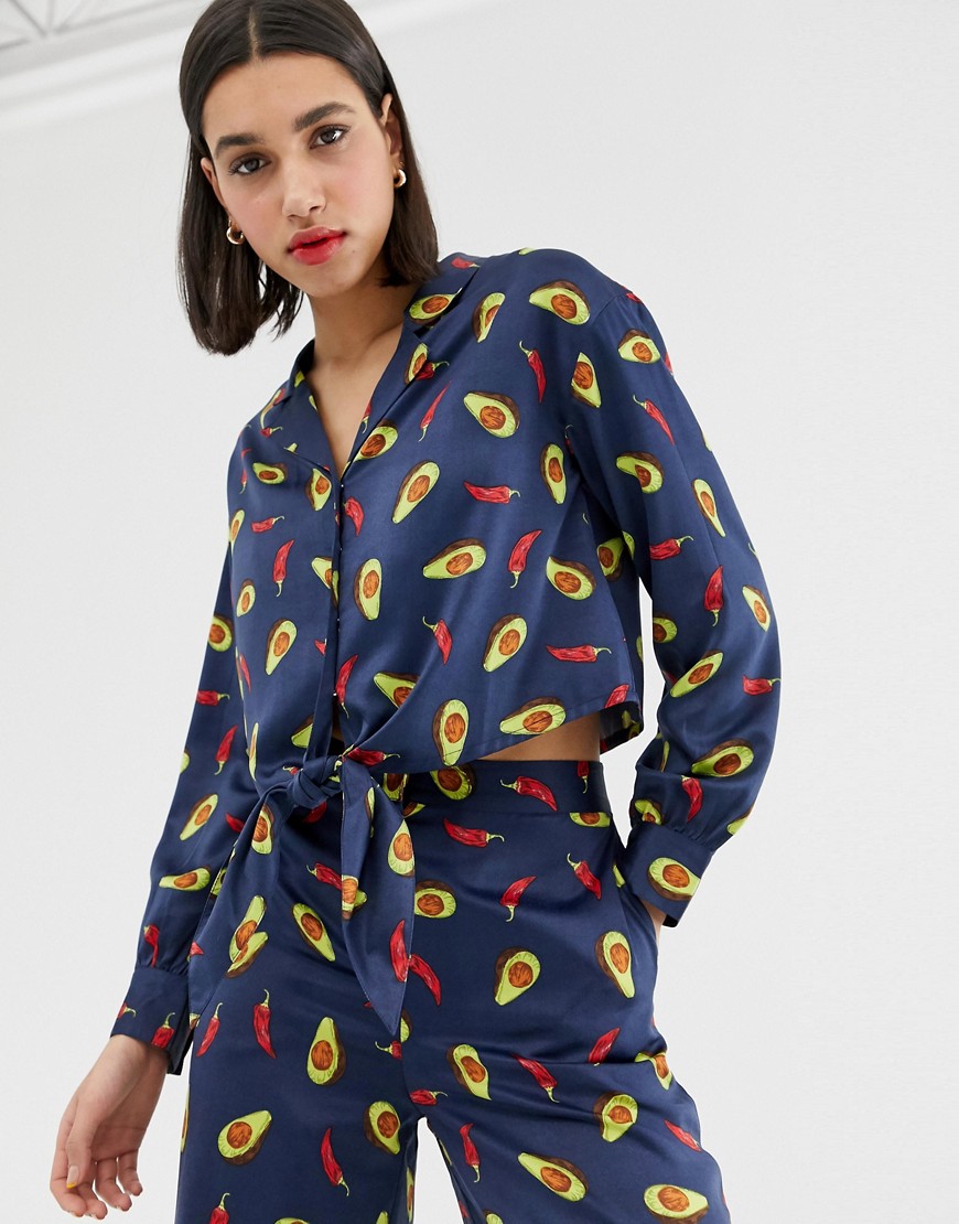 Neon Rose tie front shirt with revere collar in avocado print satin co-ord