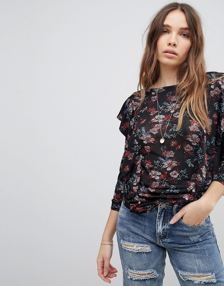 Free People Dock Street Flared Sleeve Lace Blouse - Black combo