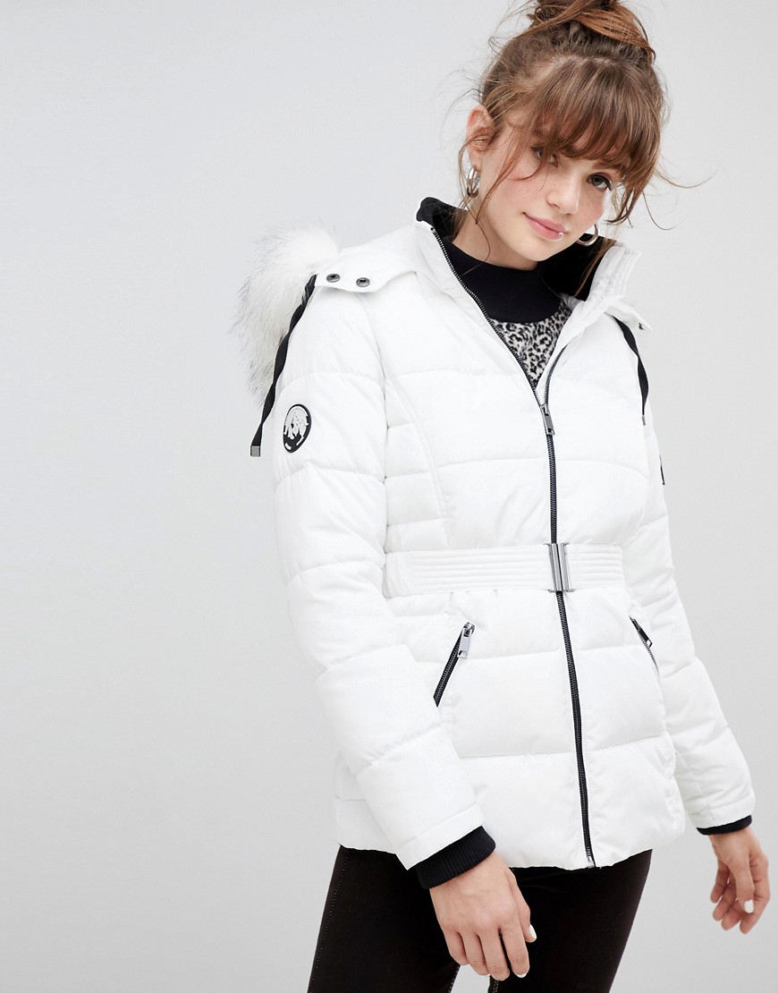 New Look Faux Fur Belted Padded Coat - White