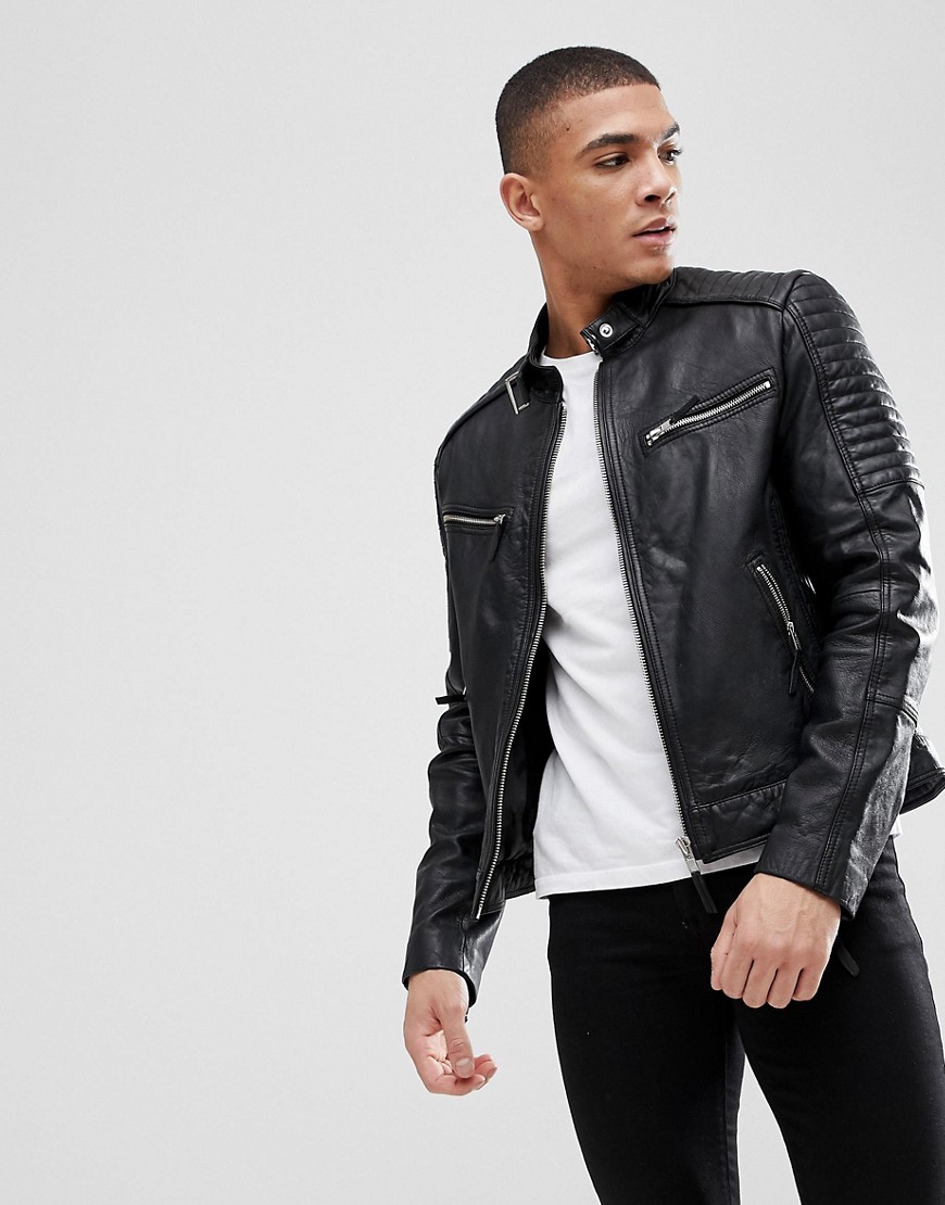Barney's Originals Real Leather Quilted Biker Jacket - Black
