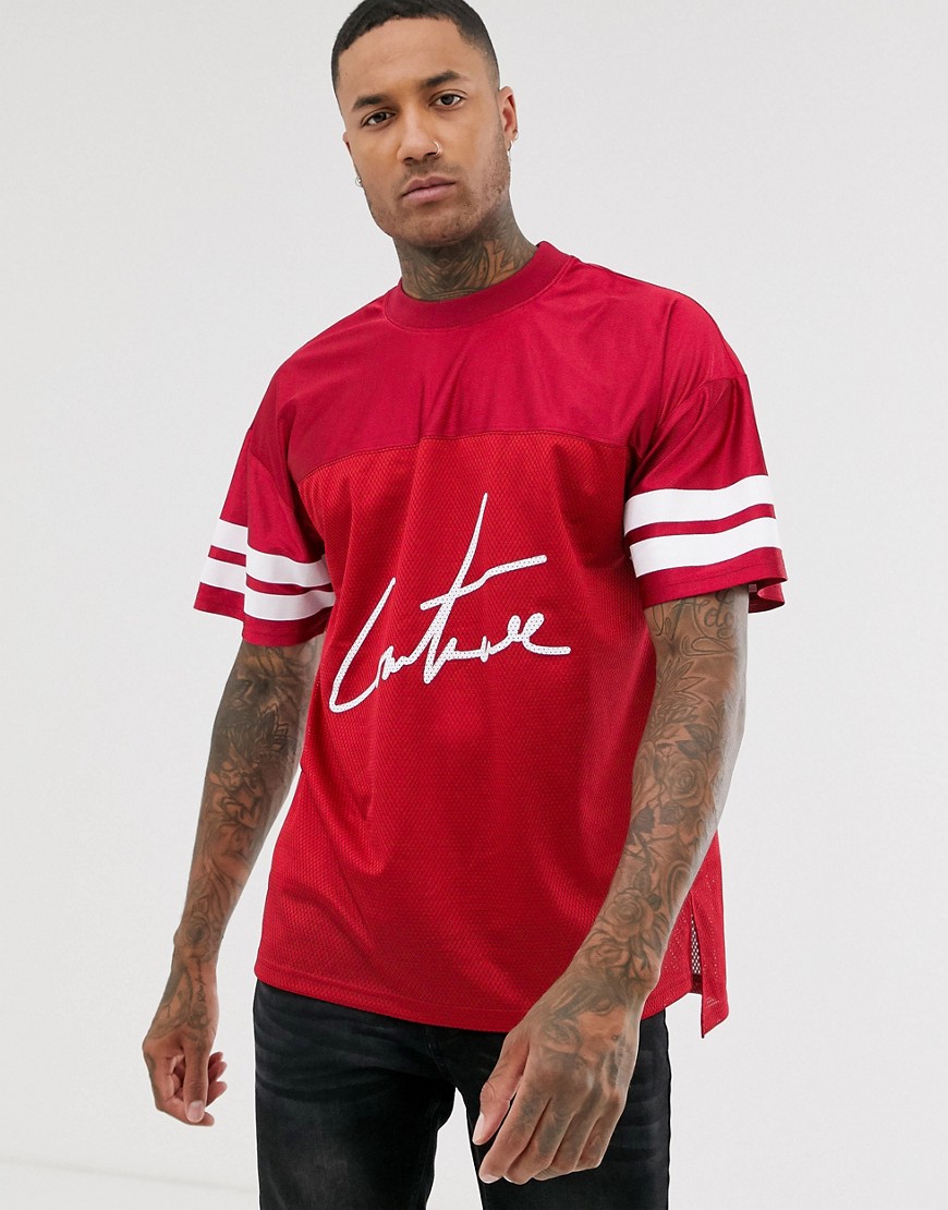 The Couture Club oversized varsity mesh t-shirt in burgundy