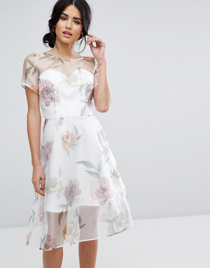 Chi Chi London Organza Midi Dress In Overscale Floral - Cream print