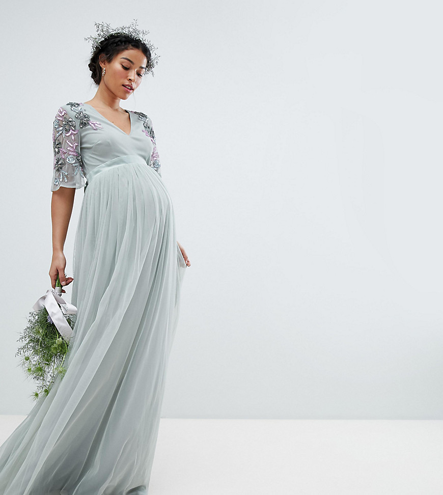 Maya Maternity Embellished Tulle Sleeve Maxi Tulle Dress