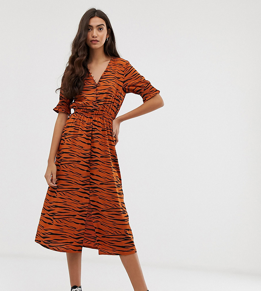 Influence Tall shirred sleeve midi dress with button down front in tiger print