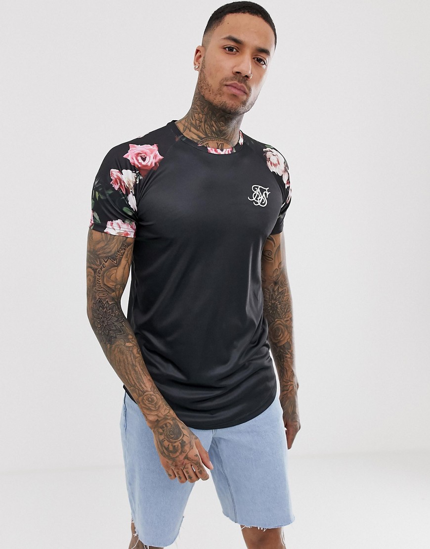 SikSilk t-shirt in black with floral sleeves