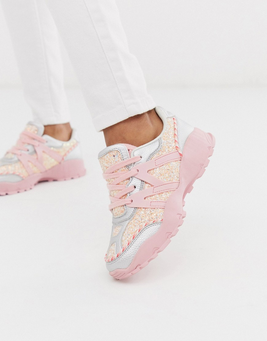 ASOS DESIGN Desired chunky trainers in silver/pink glitter