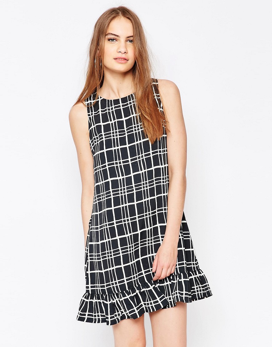 Daisy Street Grid Print Dress With Frill Hem - Black/white