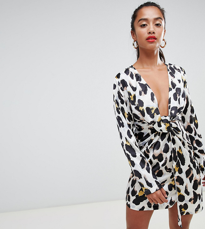 Missguided Petite twist front mini dress in leopard