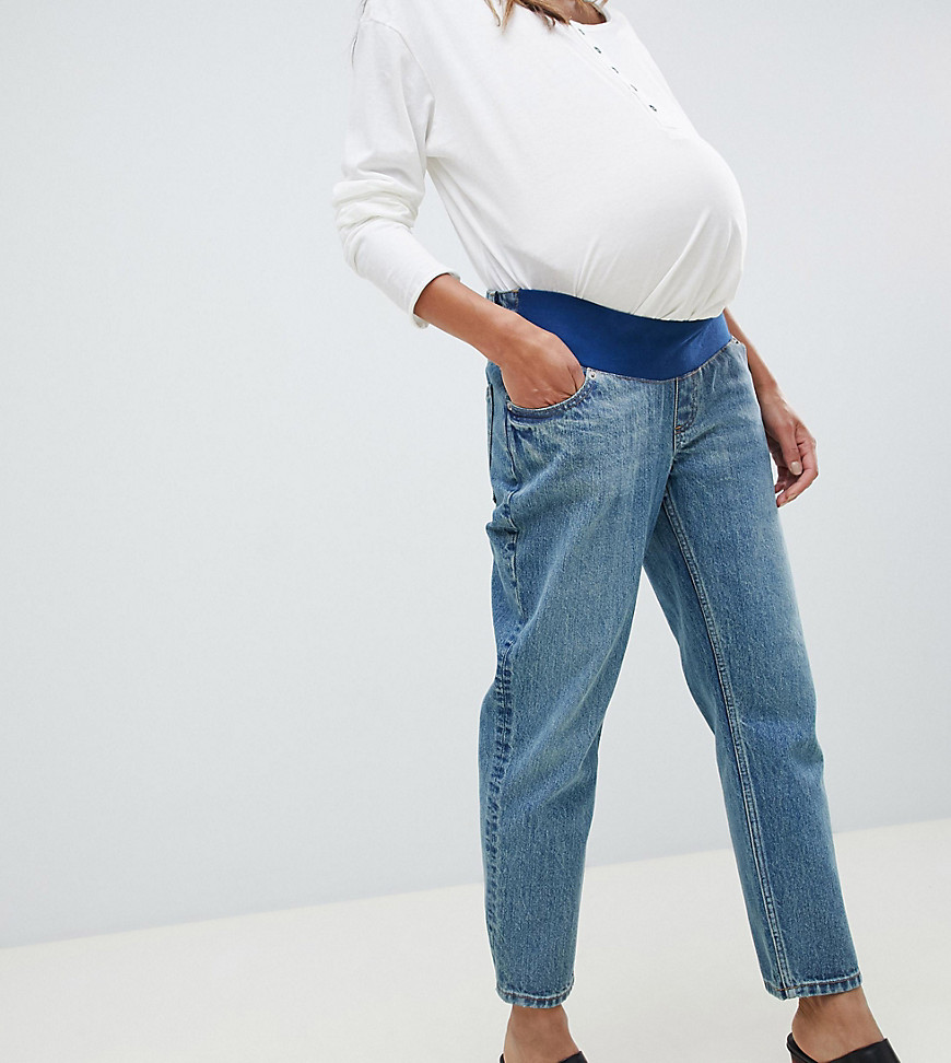 ASOS DESIGN Maternity Recycled Florence authentic straight leg jeans in dark stonewash blue with under the bump waistban
