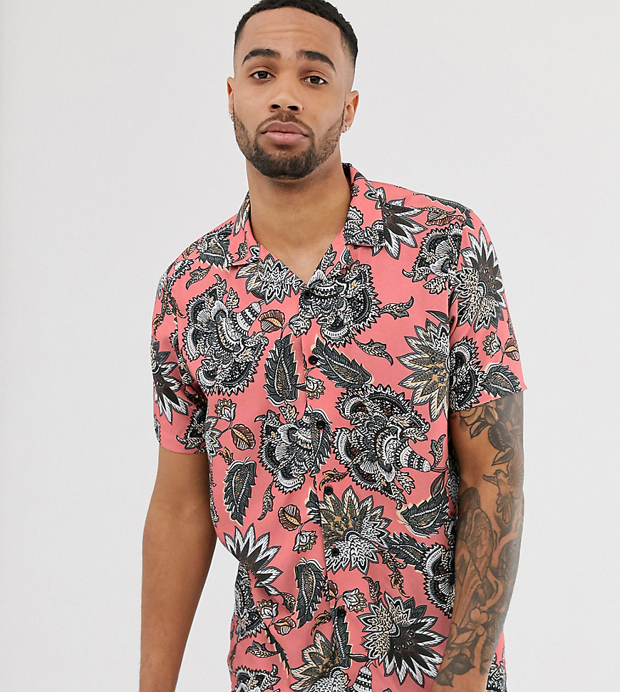 Jacamo revere collar shirt with pink tropical print