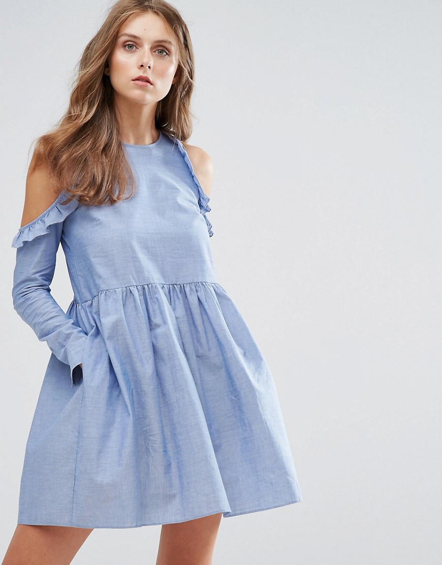Nobody's Child Cold Shoulder Smock Dress With Ruffle Trim In Chambray - Chambray