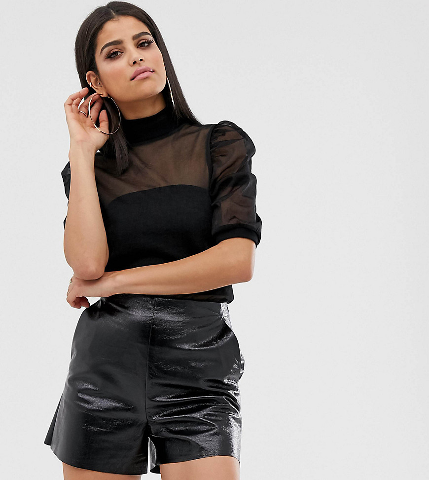 ASOS DESIGN Tall high neck top in mesh with puff sleeve
