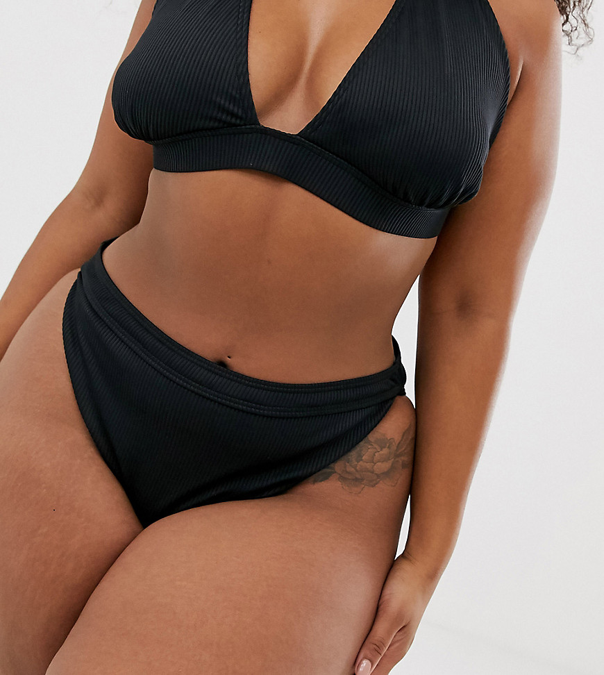 South Beach Curve Exclusive mix and match ribbed high waist bikini bottom in black