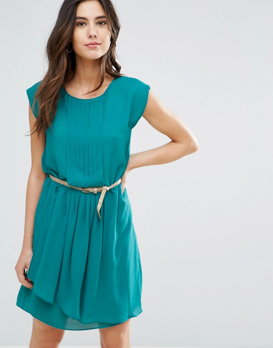 Louche Shari Belted Pleat Front Dress - Teal