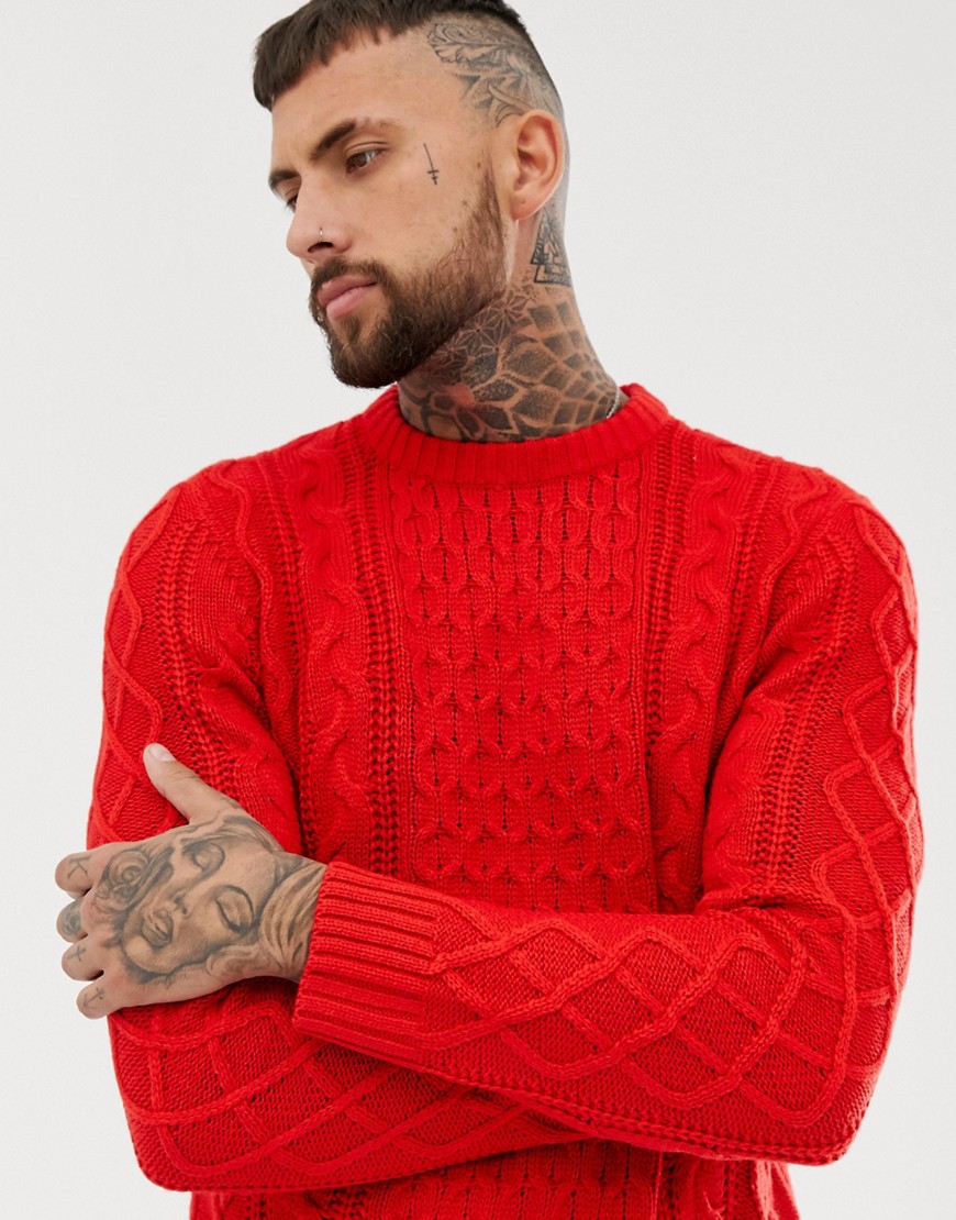 Bershka cable knit jumper in red - Red