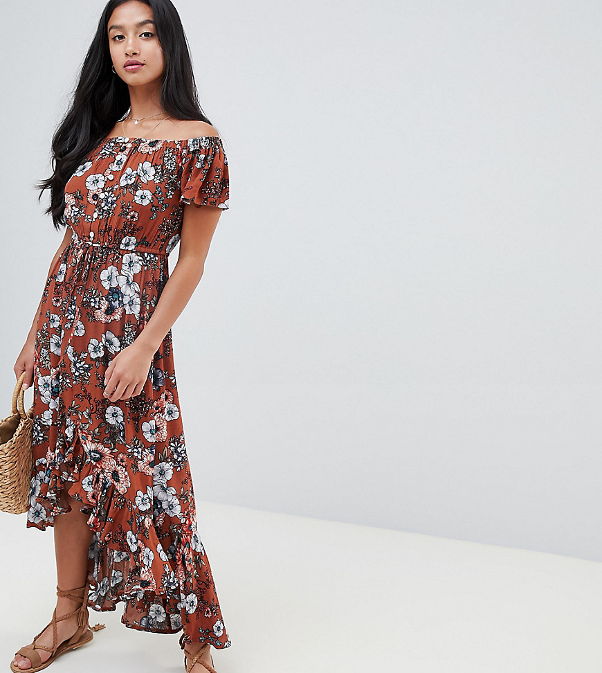 Sisters Of The Tribe Petite button front bardot dress with high low hem - Dark terracotta