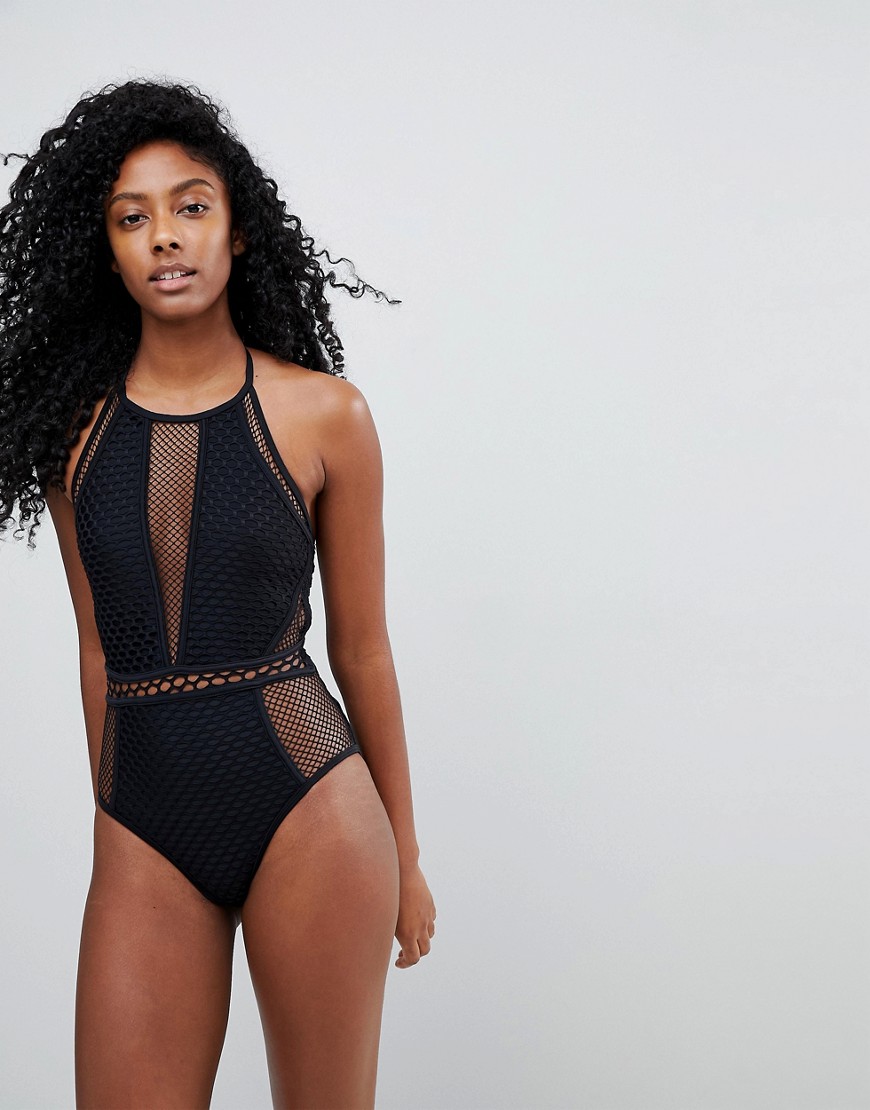 New Look Mixed Mesh Swimsuit - Black