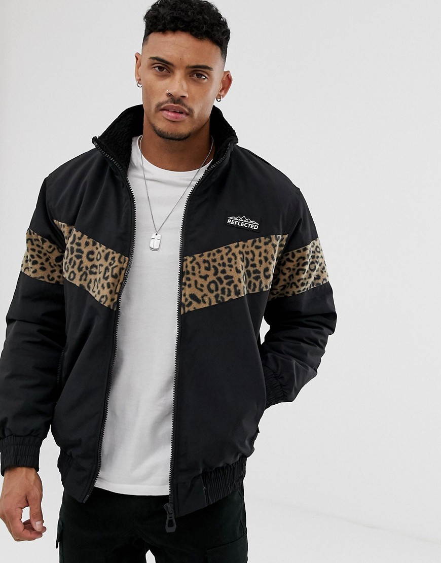 Bershka jacket with leopard print fleece panels in black