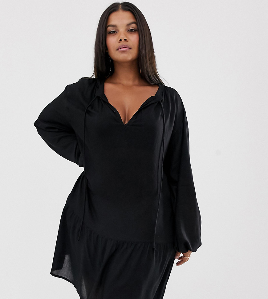 PrettyLittleThing Plus exclusive smock dress with frill hem in black