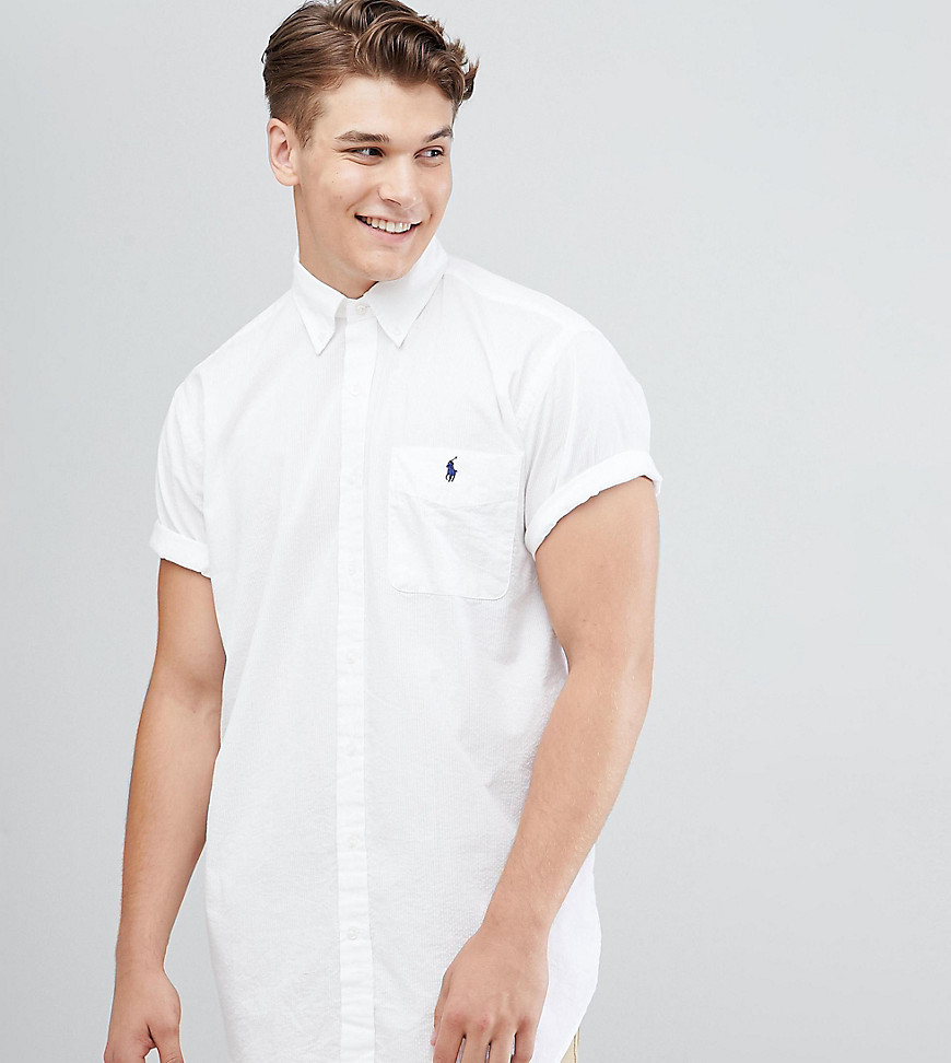 Polo Ralph Lauren Big & Tall Short Sleeve Seersucker Shirt Player Logo in White - White