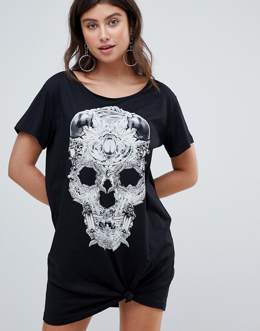 Religion knot tie front t-shirt dress in skull print