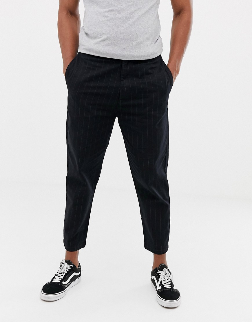 Bershka carrot fit trousers with pin stripe in black