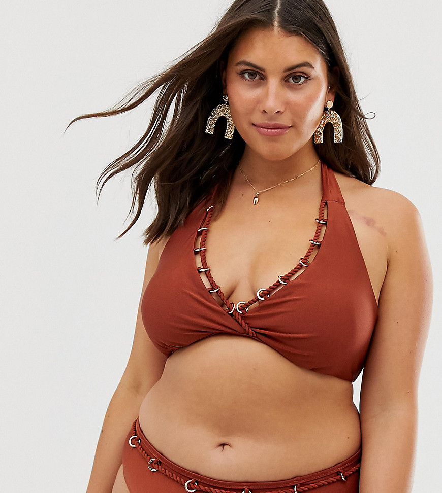 Simply Be halterneck bikini top with ring detail in rust