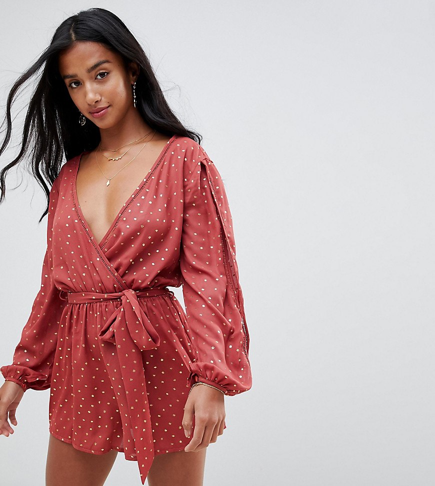 Sisters Of The Tribe open back playsuit in metallic polka dot