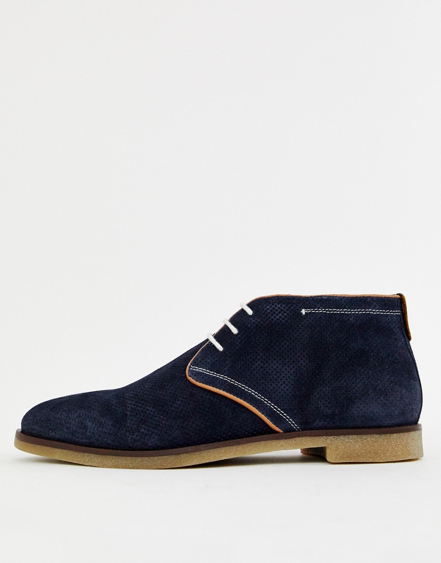 Dune Perforated Desert Boots In Navy Suede