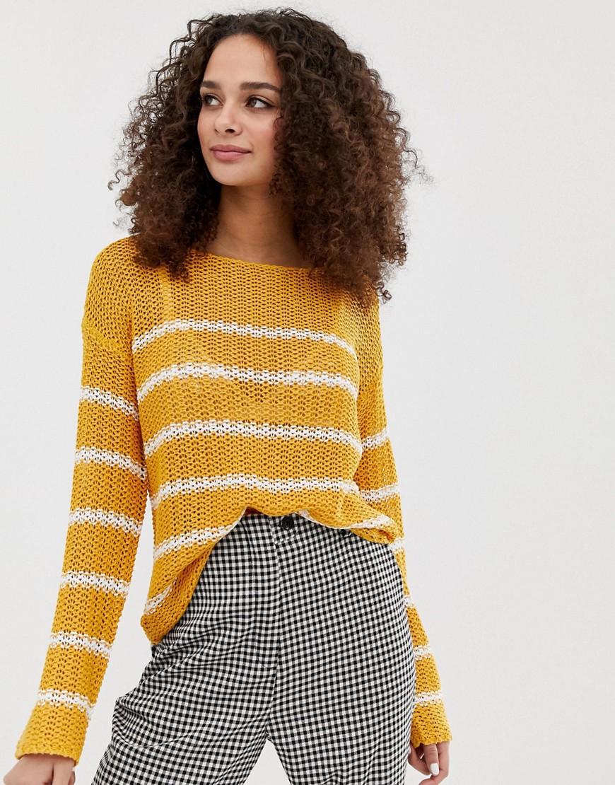 Brave Soul striped loose fit textured stitch jumper in gold