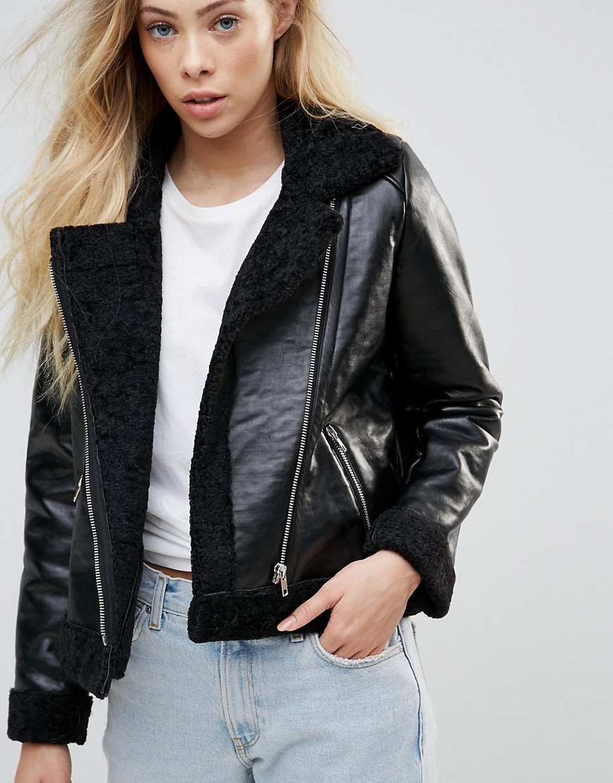 Goldie Rocky Faux Leather Cropped Jacket With Faux Fur Lining And Metal Zippers - Black