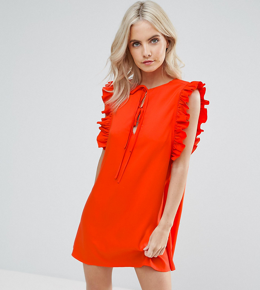 Fashion Union Petite Ruffle Detail Tie Front Shift Dress - Red
