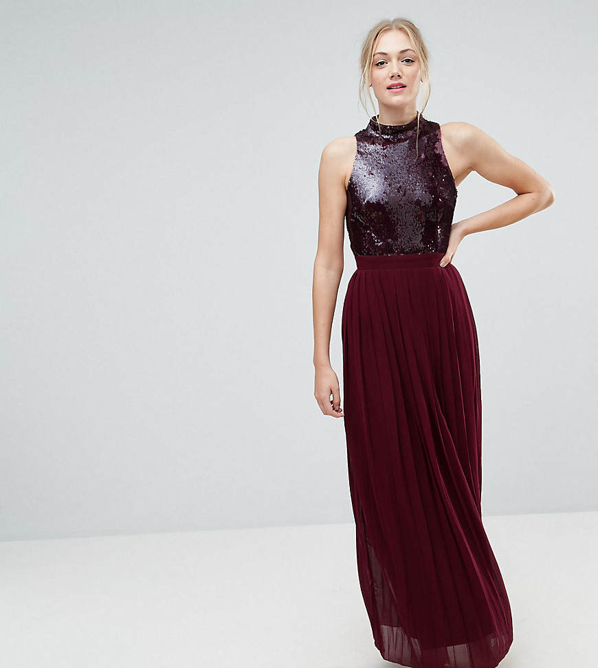 Little Mistress Tall Allover Sequin Top Maxi Dress With Pleated Skirt - Berry
