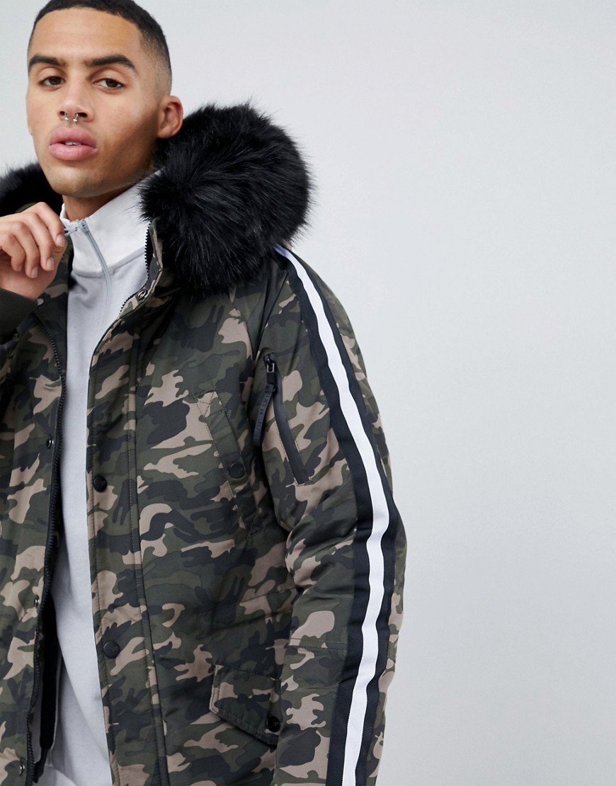 Sixth June parka coat in camo with black faux fur hood