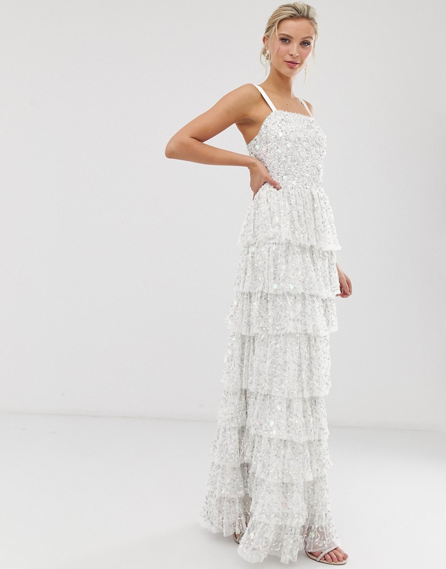 Dolly & Delicious all over embellished square neck maxi dress with full tiered skirt in white