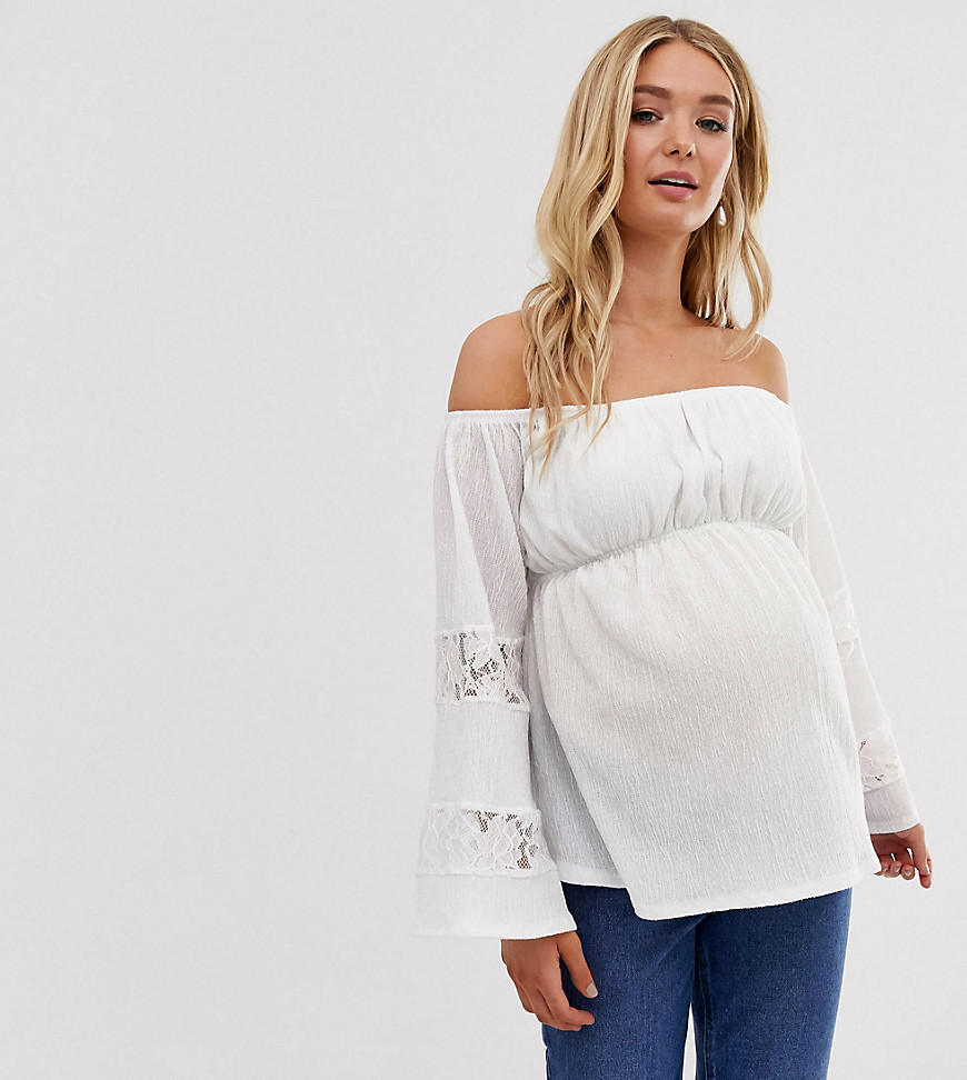 ASOS DESIGN Maternity bardot top in crinkle with wide lace insert sleeves