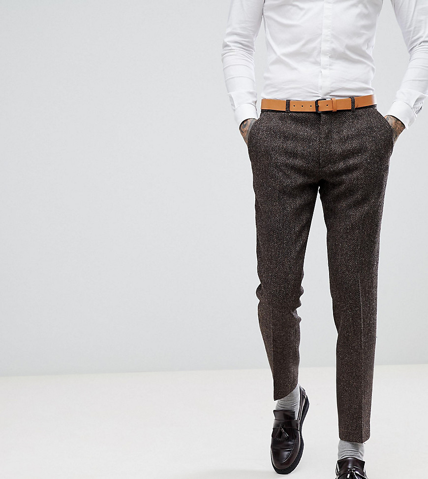 Heart & Dagger skinny suit trouser in harris tweed in herringbone - Brown